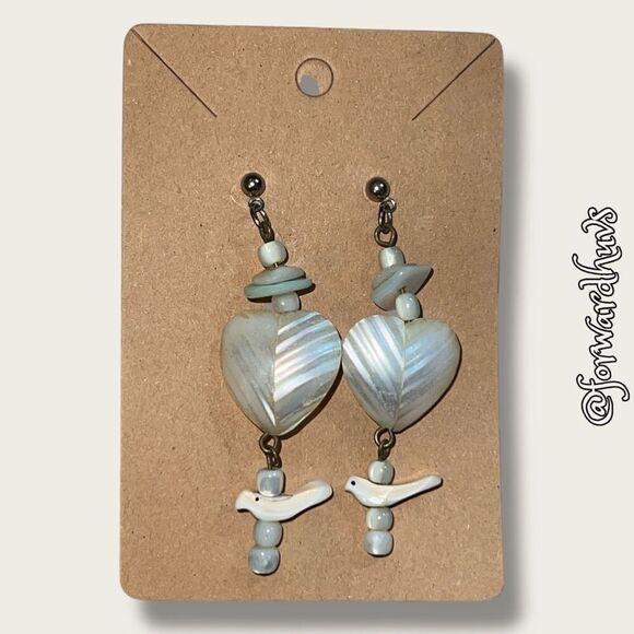 Mother of Pearl Heart Earrings with Bird and Bead Accents - Picture 2 of 6